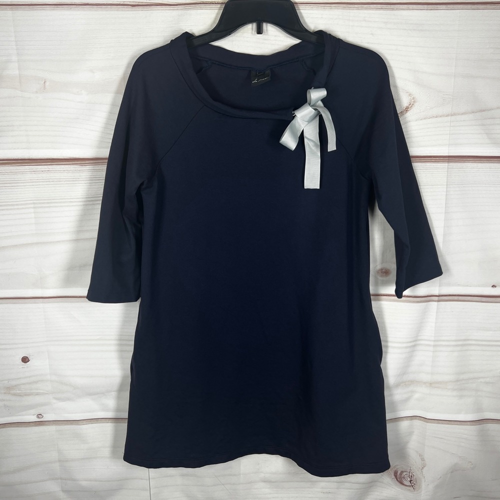 LeMuse 3/4 Sleeve Mini Dress Womens XS Navy Blue Solid Bow Pockets Minimalist